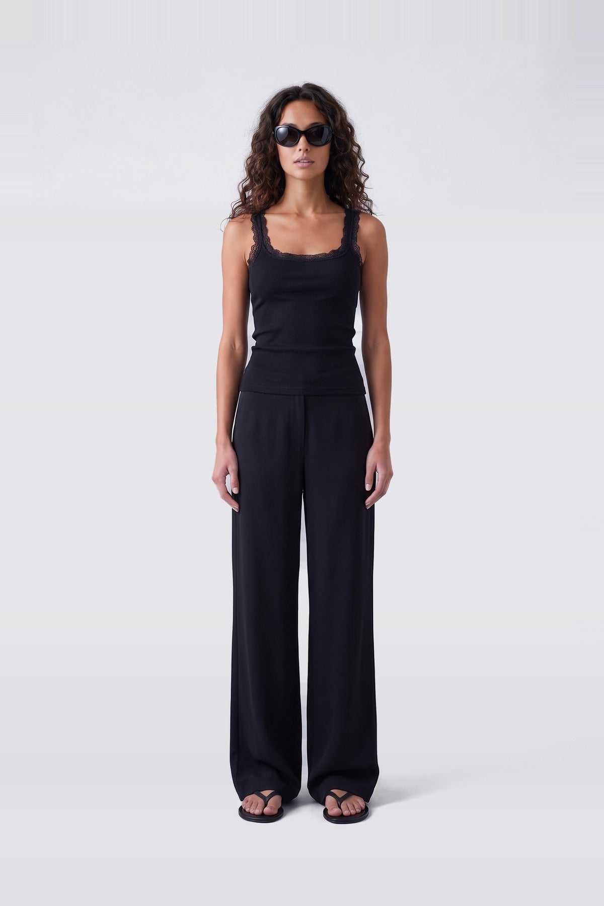 Lace Trim Tank Black - front view