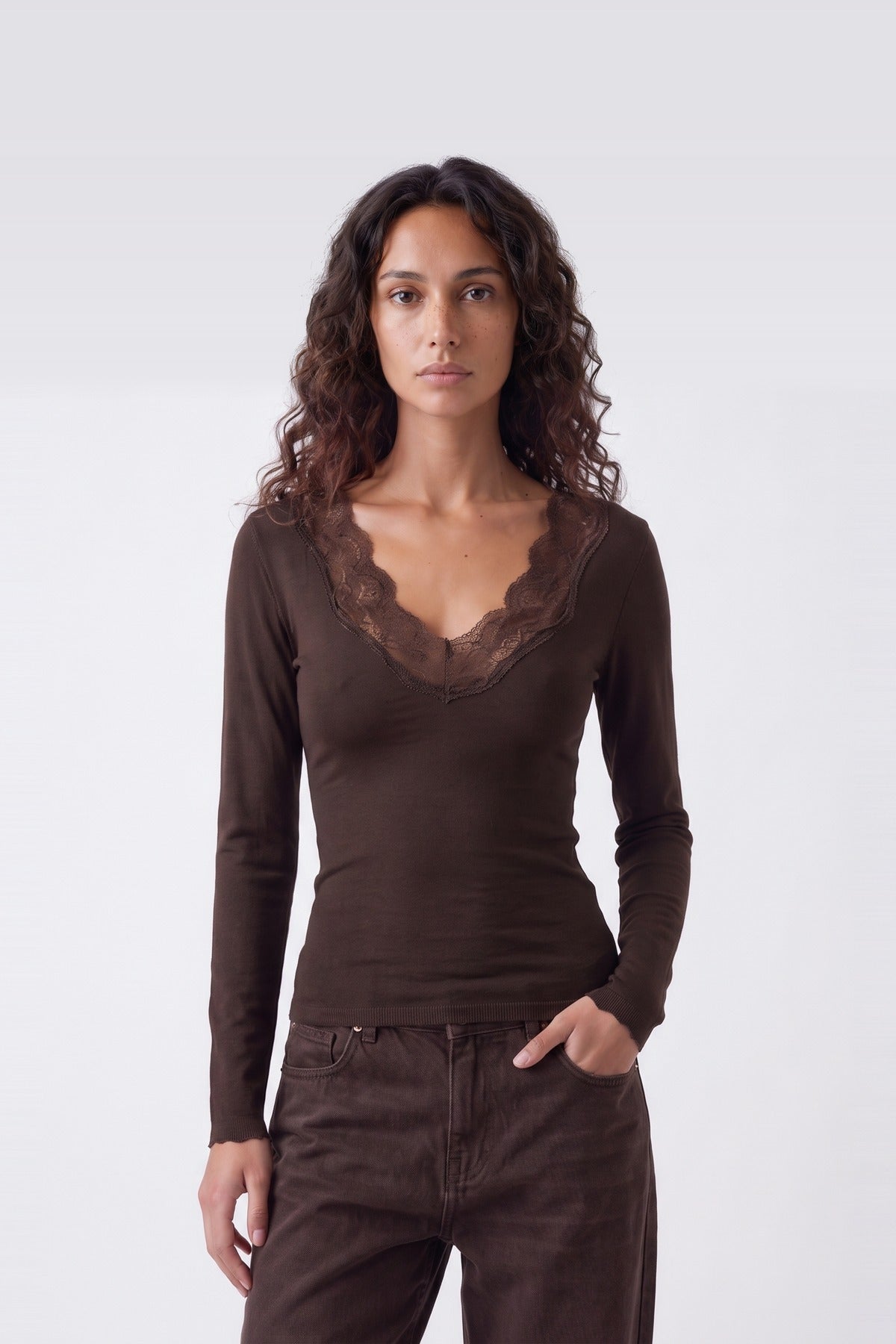 Lia Lace V Top Chocolate - close up 1 view