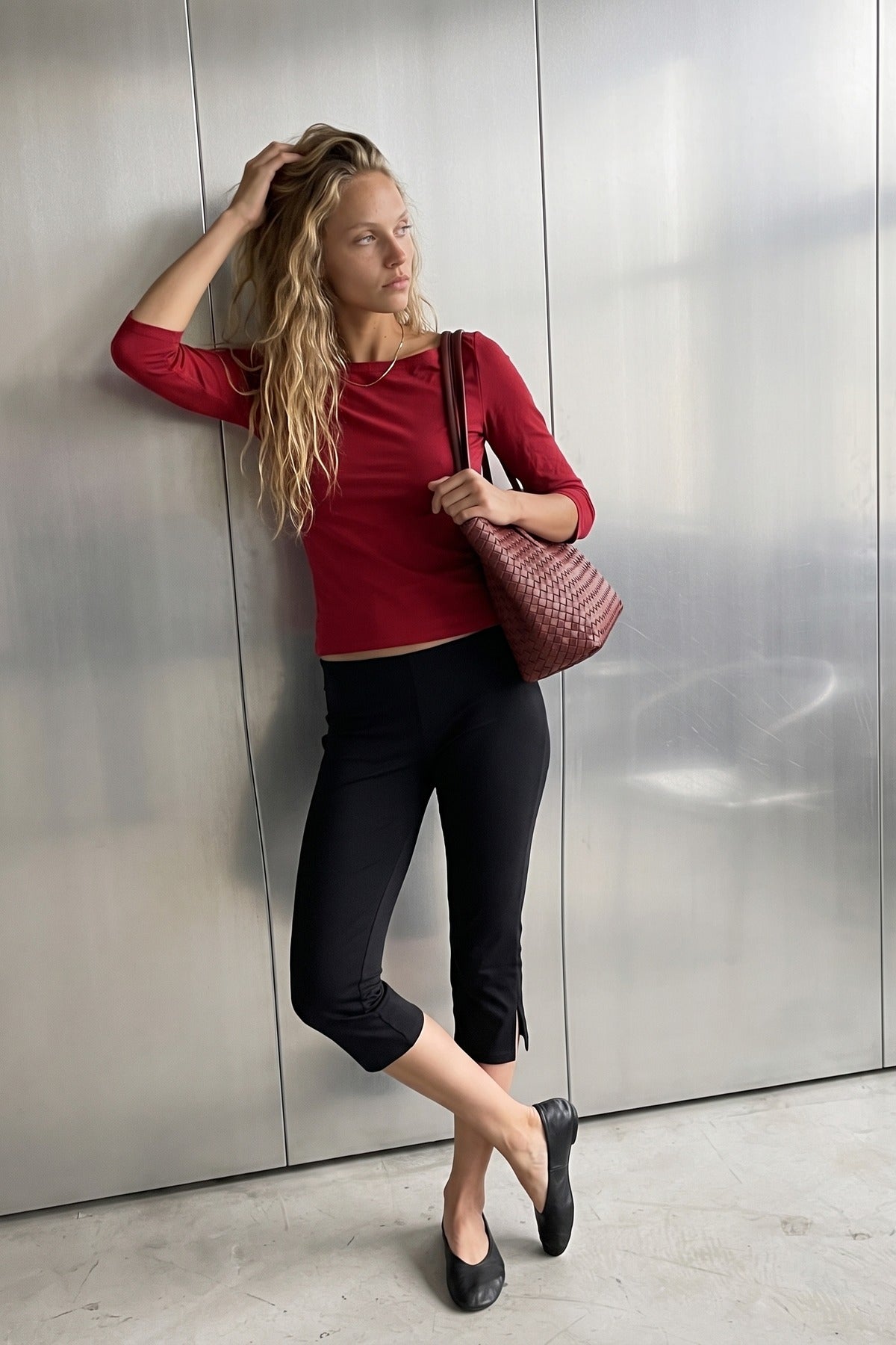 Elle Boat Neck Top Red - worn, behind the scenes