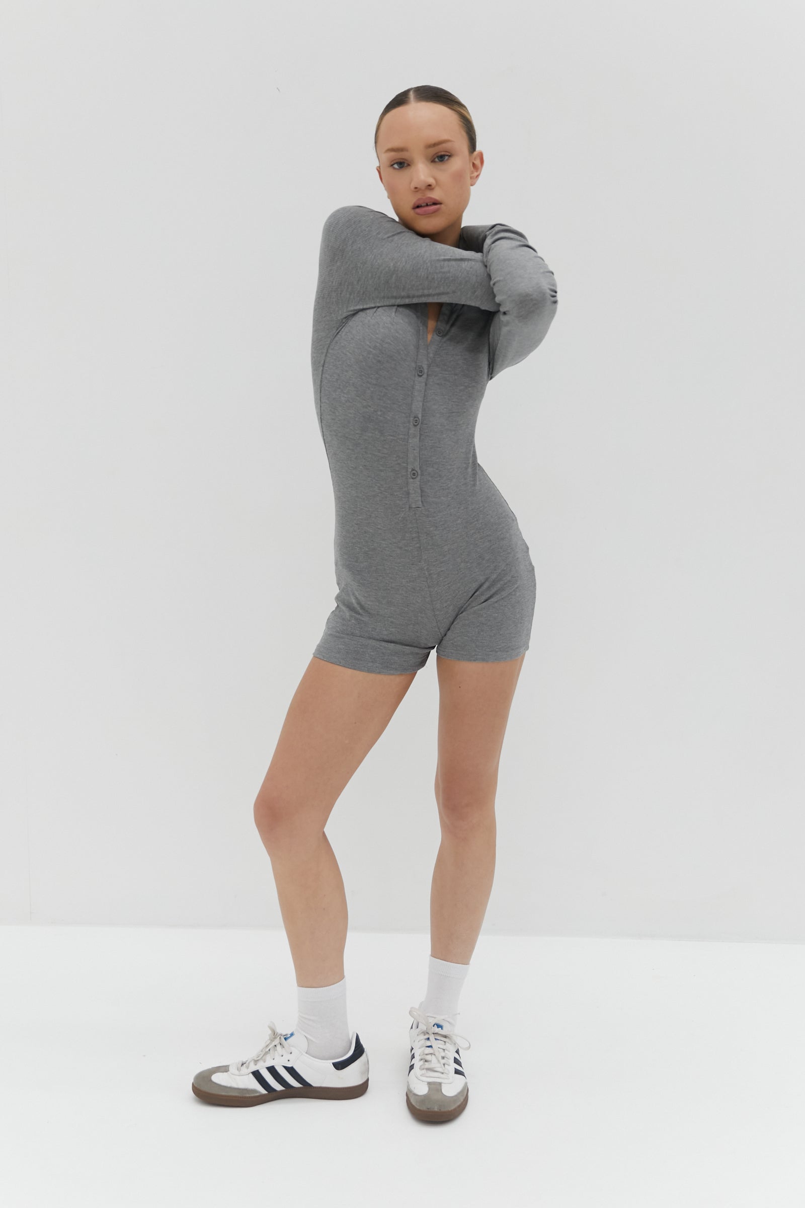 Dial Button Ribbed Button Ribbed Romper - Grey – Style Addict®