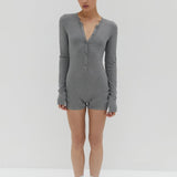 Button Ribbed Romper - Grey