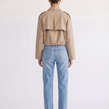 Darcy tan cropped trench coat, full-length front view