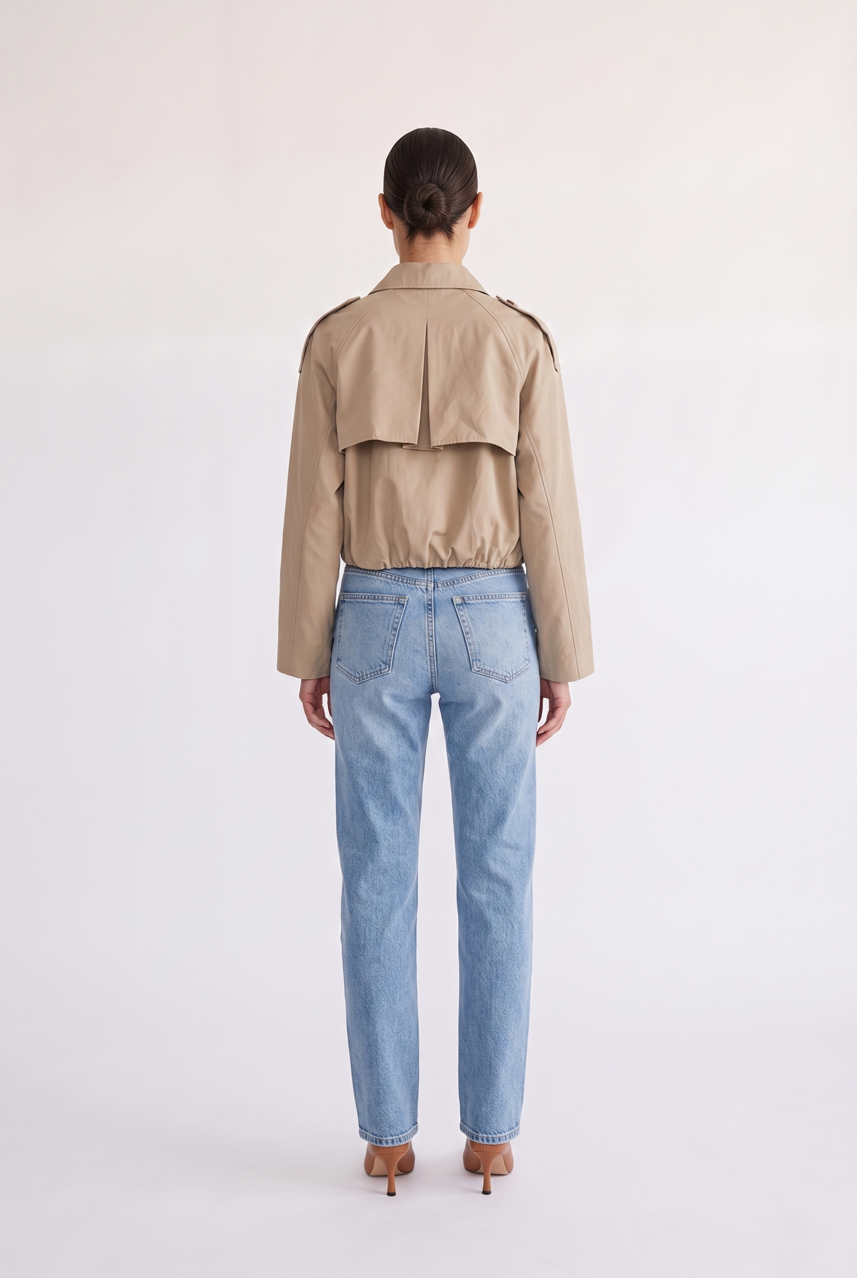 Darcy tan cropped trench coat, full-length front view