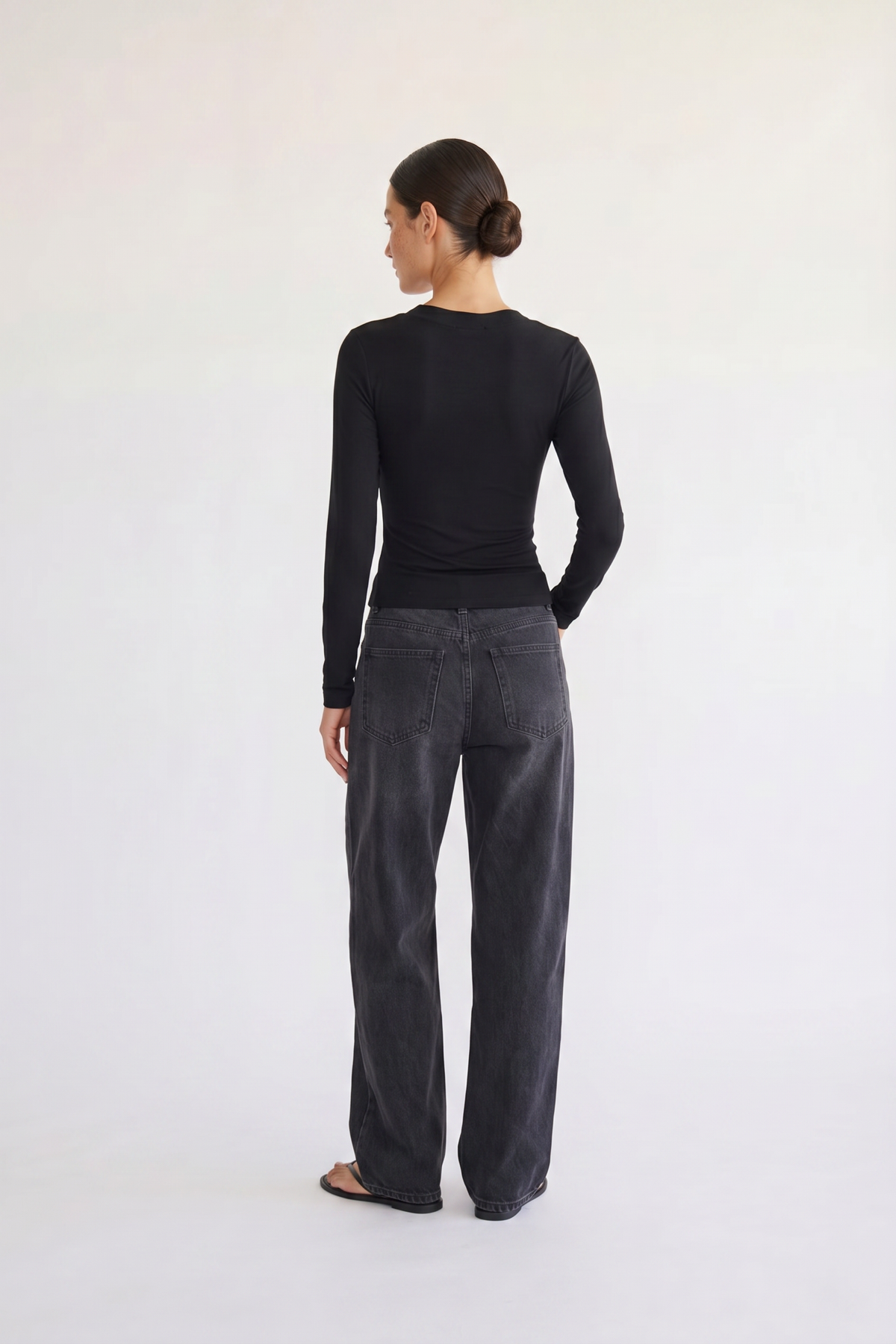 Margaux black deep V henley top, three-quarter view