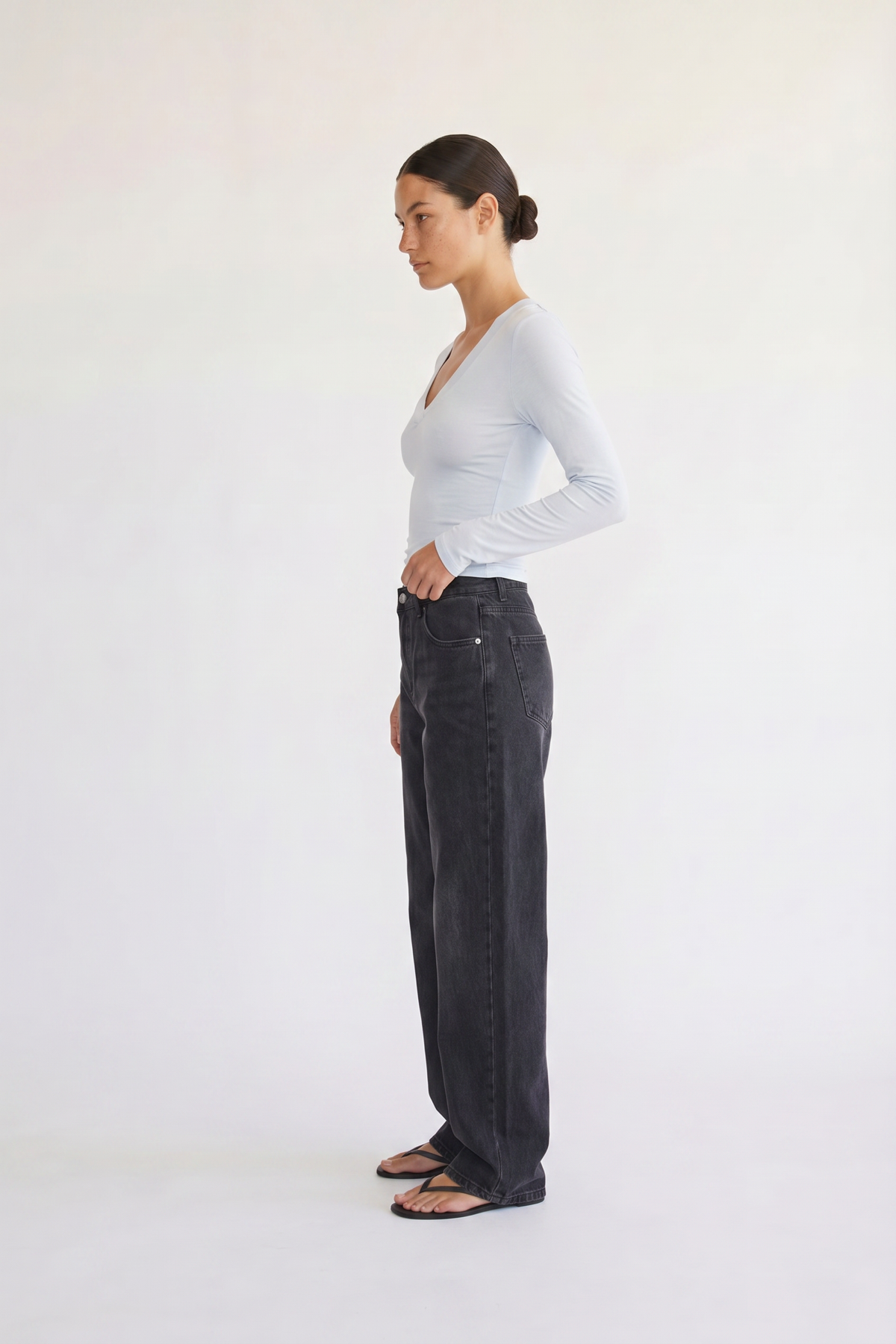 Margaux baby blue deep v henley top, side view