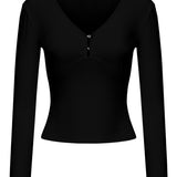 V Neck Long Sleeve Top - Black