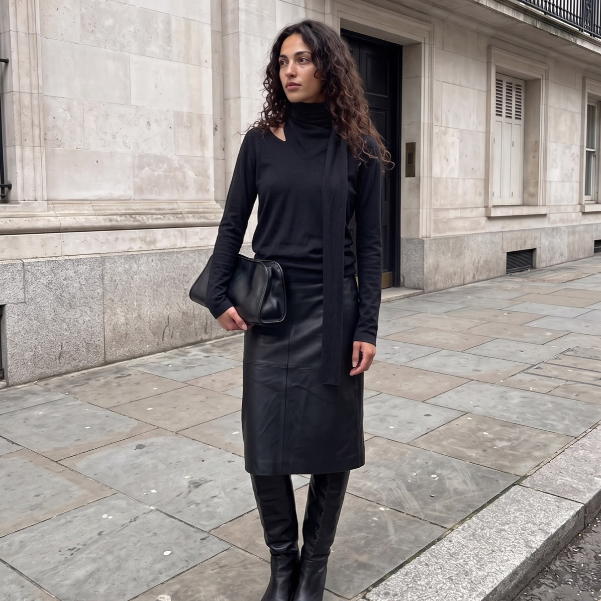 All black tie neck knit and leather look, Best Sellers