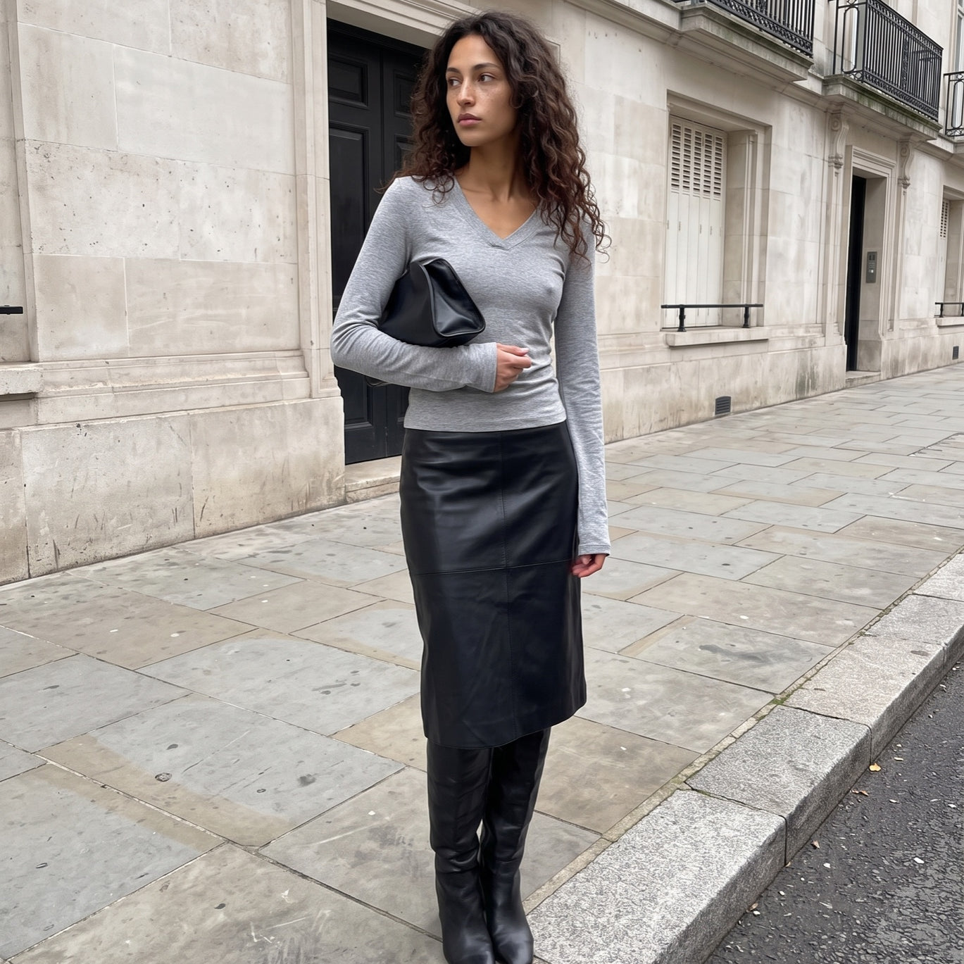 Style Addict grey henley and black leather midi skirt full look