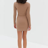 Long Sleeve Ribbed Dress - Tan