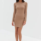 Long Sleeve Ribbed Dress - Tan