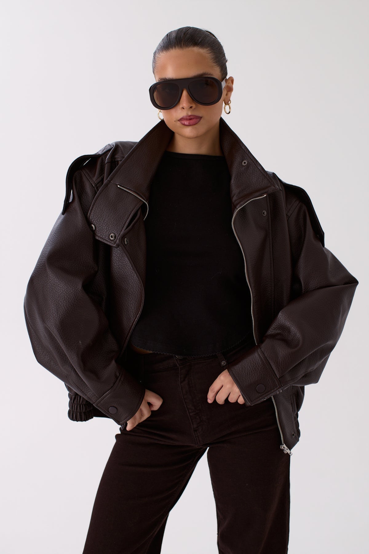 Back view of the Zoe brown faux leather jacket