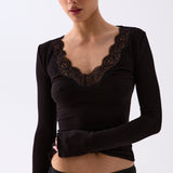Lia Lace Trim Long Sleeve Top - Black