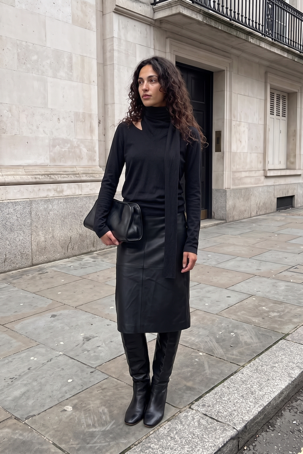 Wren Top in black — model wearing the soft knit long-sleeve top with attached draped scarf