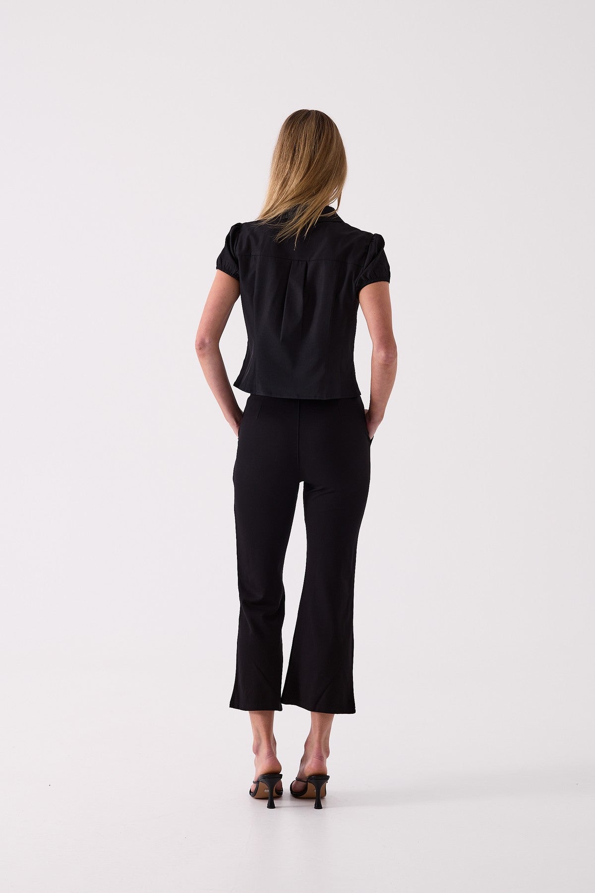Camille Cropped Flare Pant in Black – close up detail