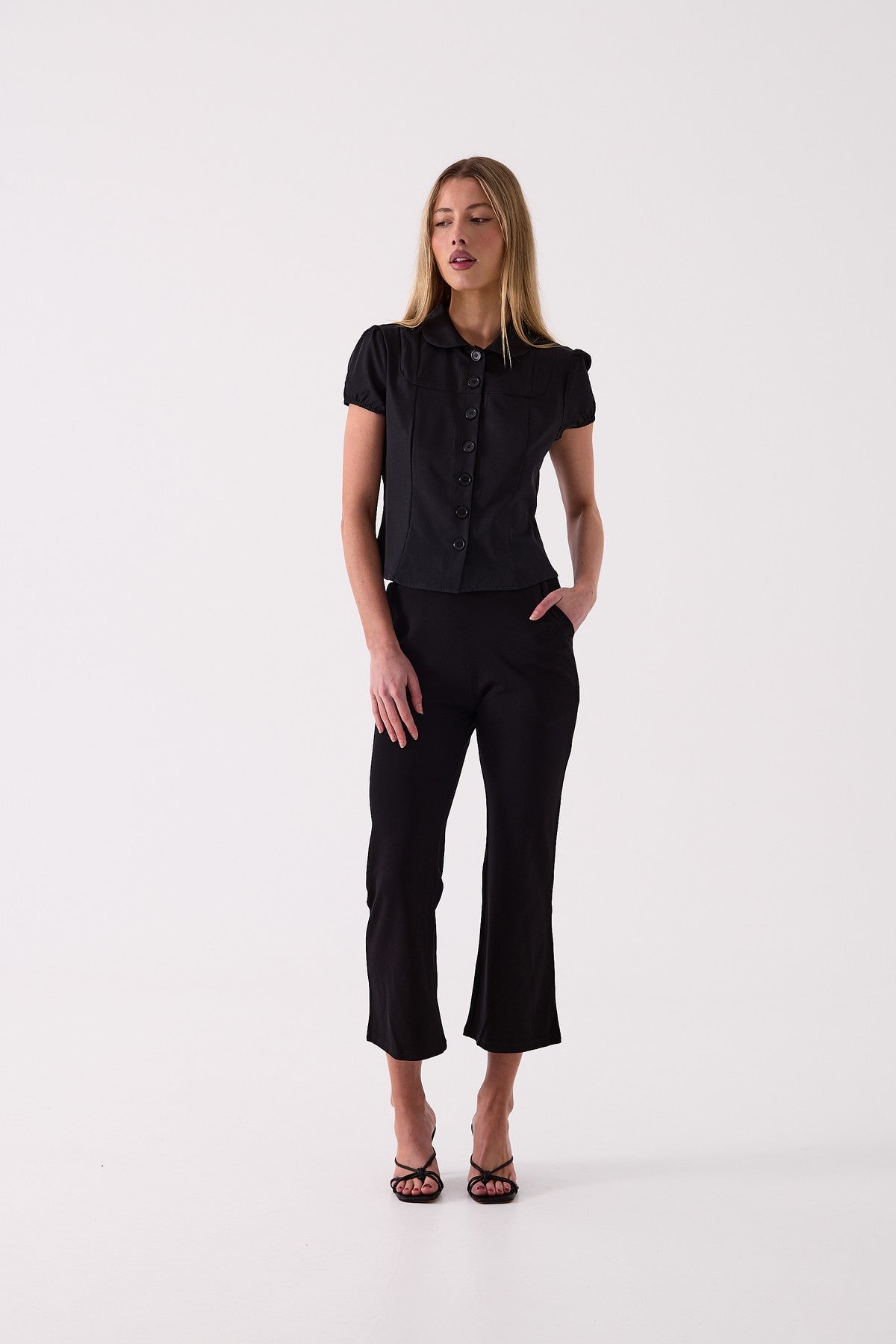 Camille Cropped Flare Pant in Black – front view