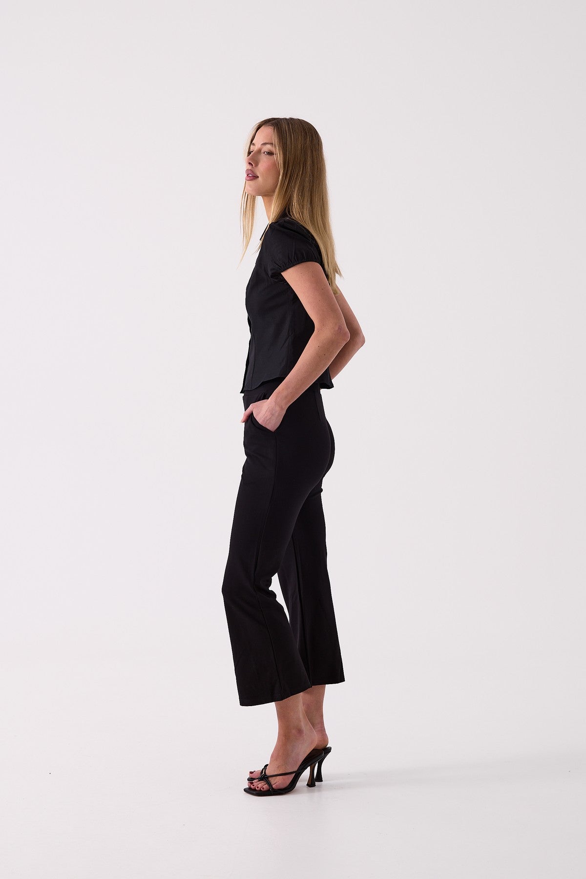 Camille Cropped Flare Pant in Black – side view