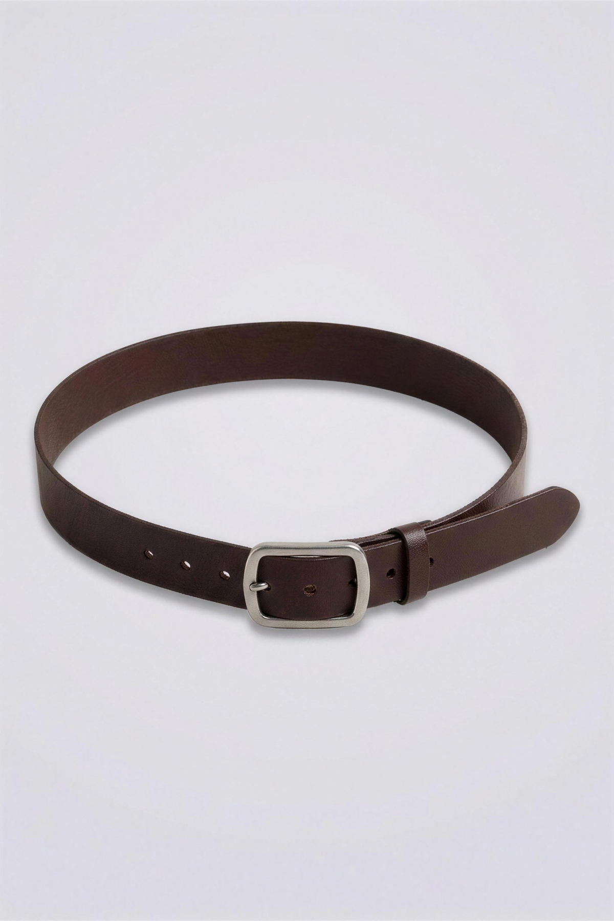 Raya Wide Belt in brown leather flat lay with square brushed-silver buckle
