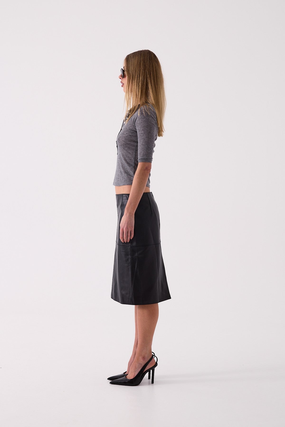 Esme Leather Midi Skirt in Black – side view