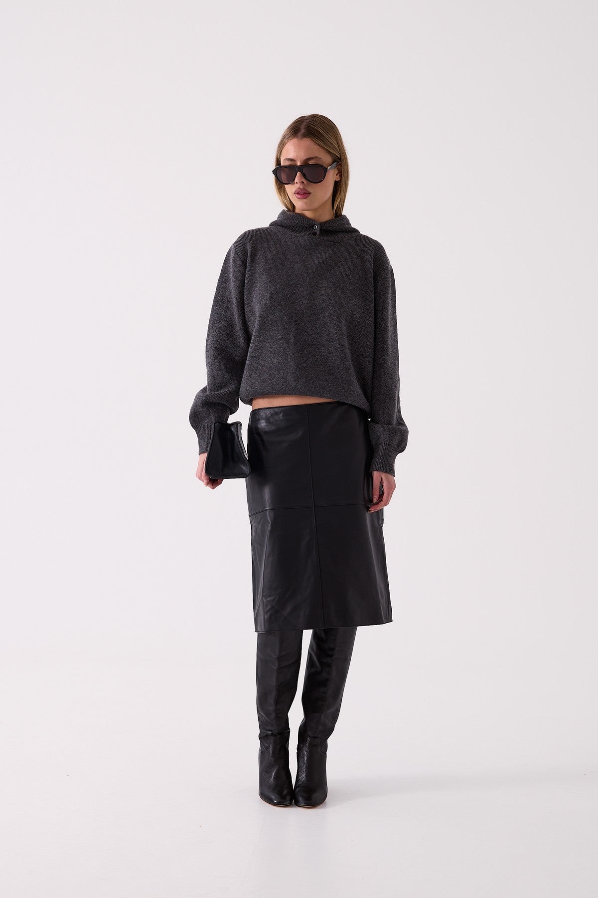 Frankie Hooded Knit in Charcoal – front view