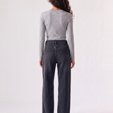 Margaux Deep V Henley Top in grey — back view of the soft stretch henley