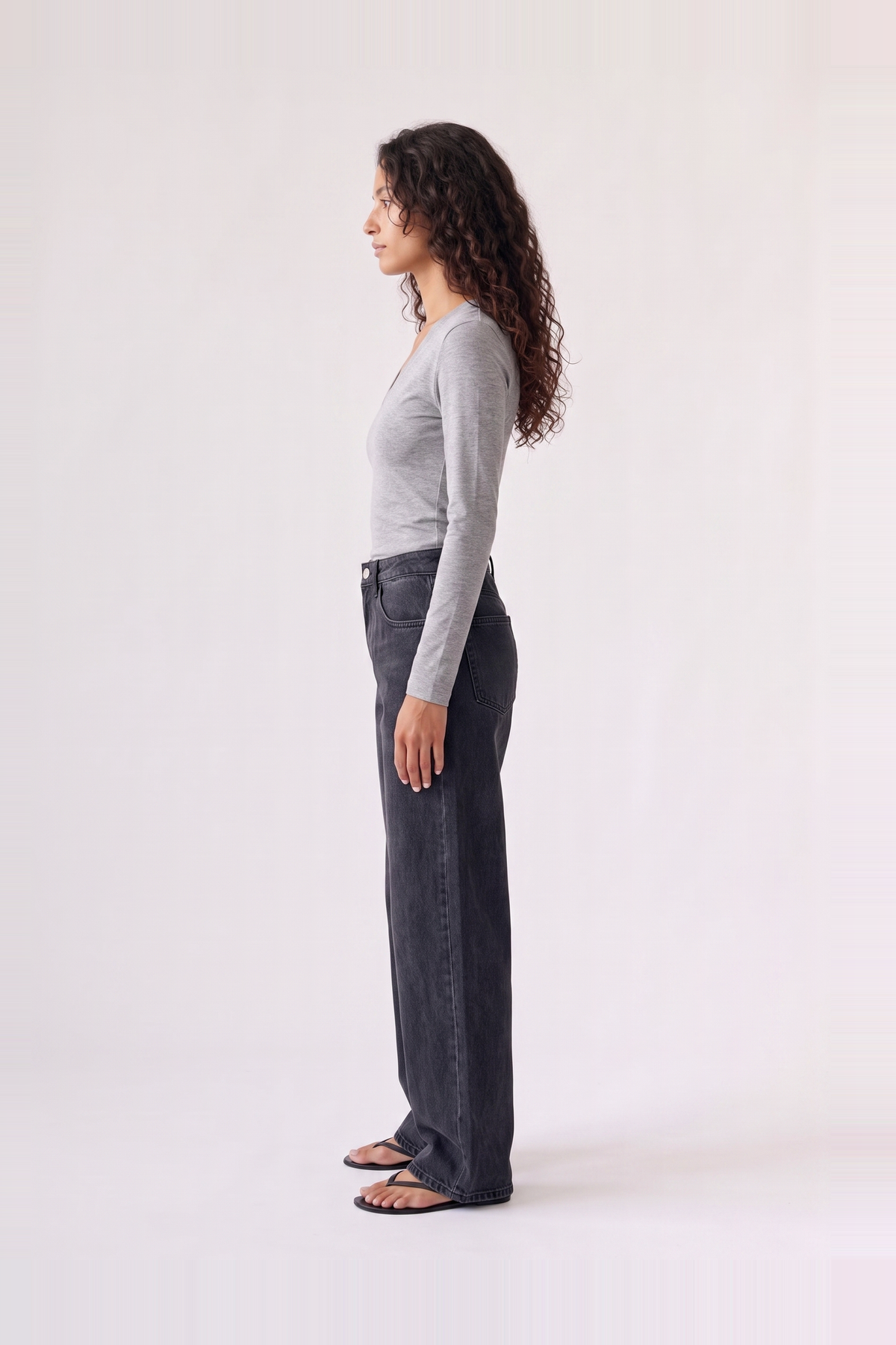 Margaux Deep V Henley Top in grey — side view of the soft stretch henley