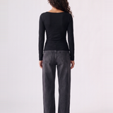 Lia Lace Trim Long Sleeve Top - Black