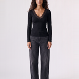 Lia Lace Trim Long Sleeve Top - Black