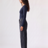 Margaux Deep V Henley Top in navy — side view of the soft stretch henley