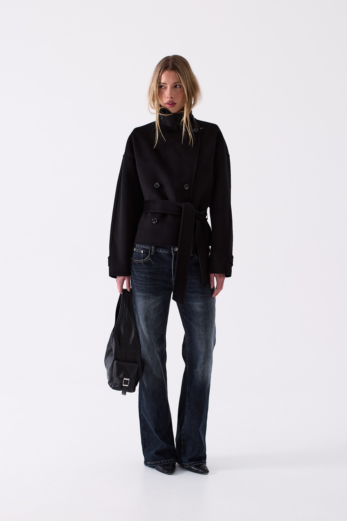 Odette Belted Wool Coat in Black – front view