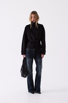 Odette Belted Wool Coat in Black – front view